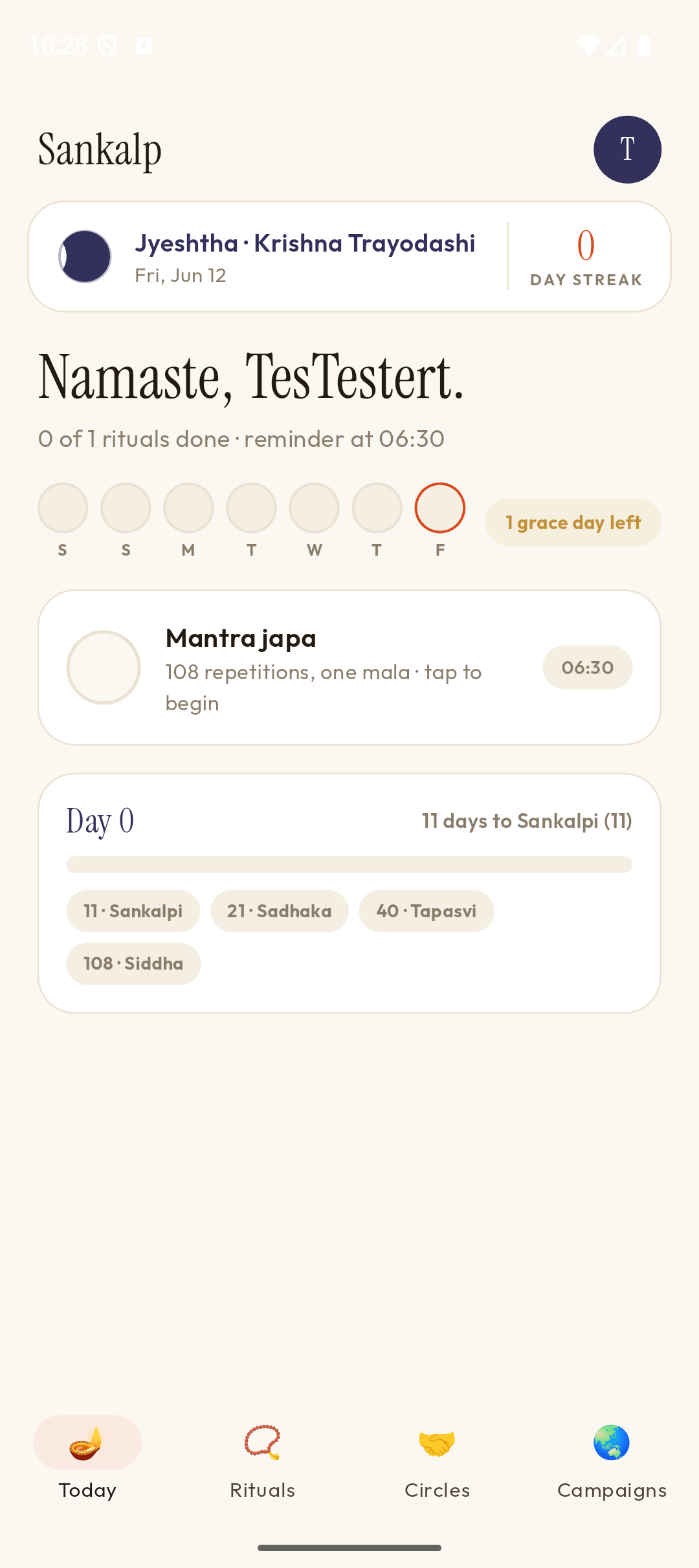 Sankalp app showing the Today screen with panchang, ritual progress, and streak milestones